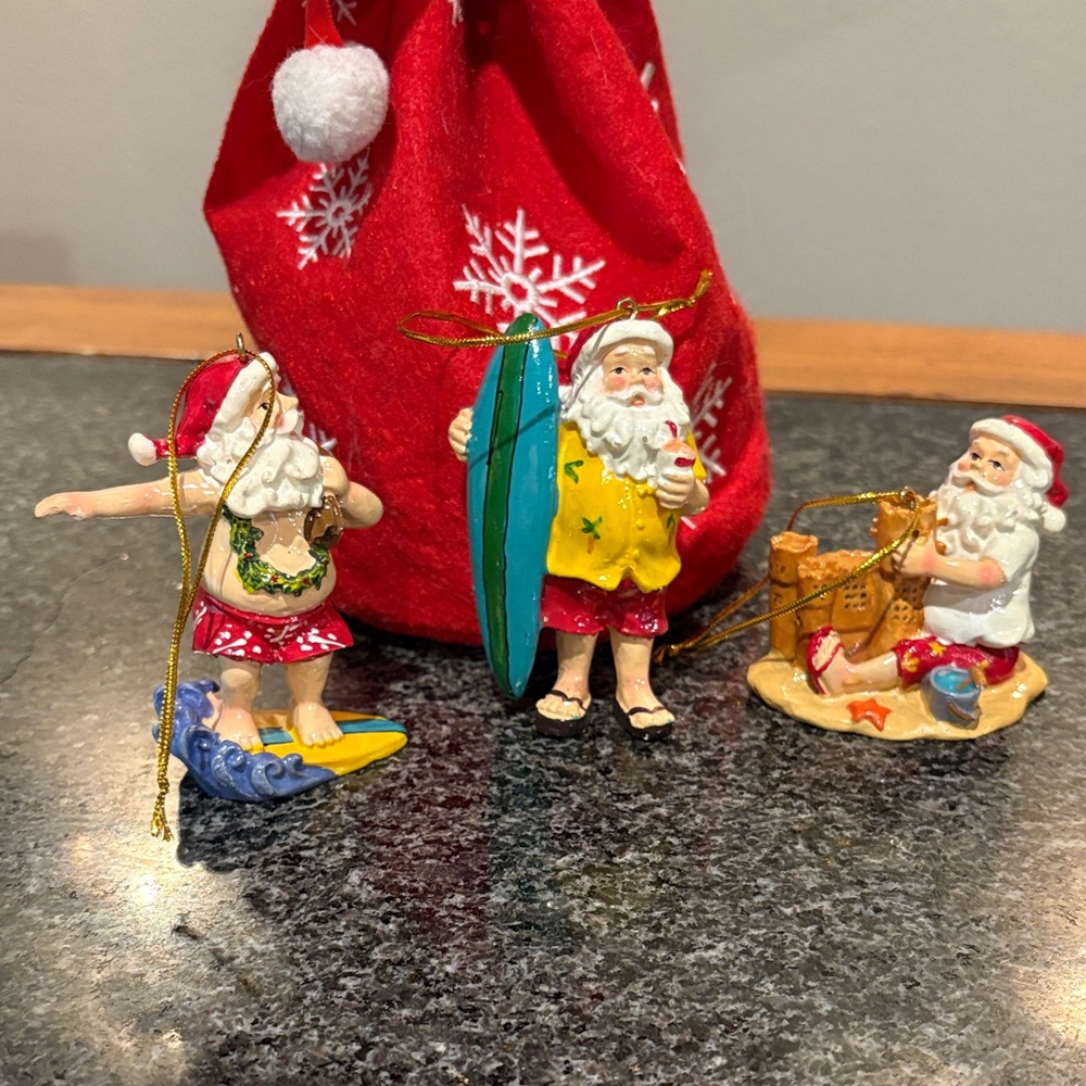 Set of 3 Beach Santa, surfing Santa Ornaments.
